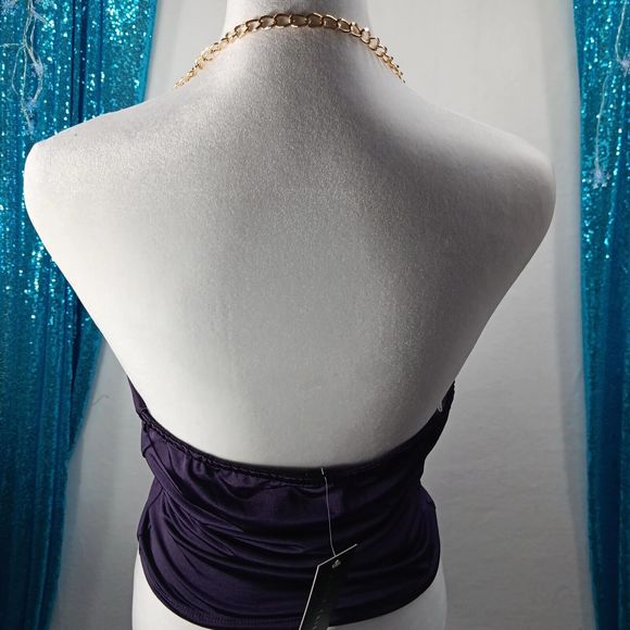 NWT Thirty Thirty Size S Cowl Neck Gold Chain Accent Tube Top Purple Stretch - Picture 7 of 12